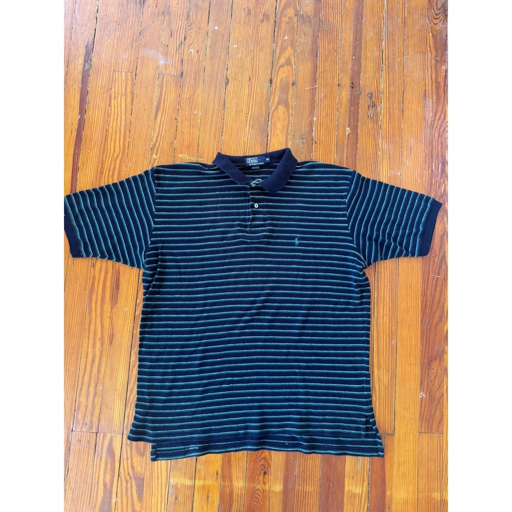 Polo Ralph Lauren Mens XXL Navy Blue Green Striped Short Sleeve Cotton Polo